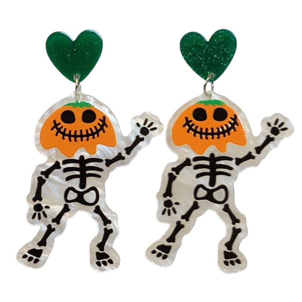 Jack O Lantern Skeleton Dangle Earrings Halloween Green Orange Heart Novelty